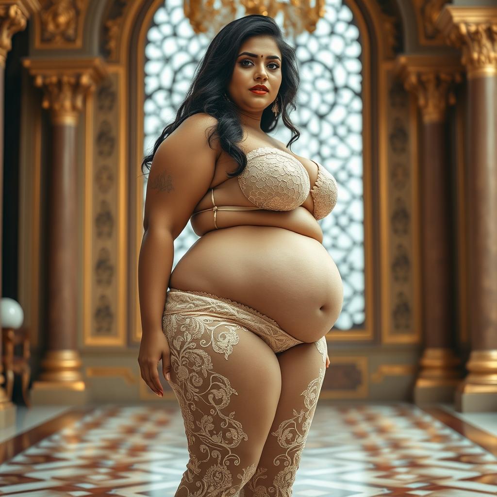 A stunningly beautiful Indian plus-sized woman adorned in a lace pant, featuring a heart-shaped giant booty and proportionate breasts