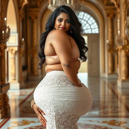A stunningly beautiful Indian plus-sized woman adorned in a lace pant, featuring a heart-shaped giant booty and proportionate breasts