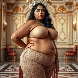 A stunningly beautiful Indian plus-sized woman adorned in a lace pant, featuring a heart-shaped giant booty and proportionate breasts