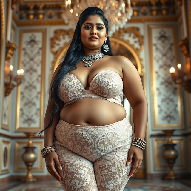 A stunningly beautiful Indian plus-sized woman adorned in a lace pant, featuring a heart-shaped giant booty and proportionate breasts