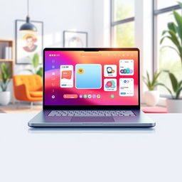 An illustration showcasing a modern user interface (UI) design on a sleek laptop with a vibrant display