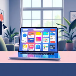 An illustration showcasing a modern user interface (UI) design on a sleek laptop with a vibrant display