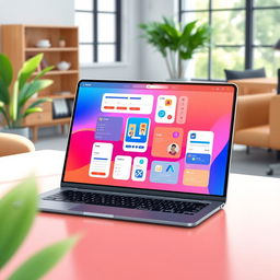 An illustration showcasing a modern user interface (UI) design on a sleek laptop with a vibrant display