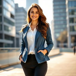 A real-life image of a woman around 25 years old with fair skin, confidently wearing a stylish denim blazer over a white blouse