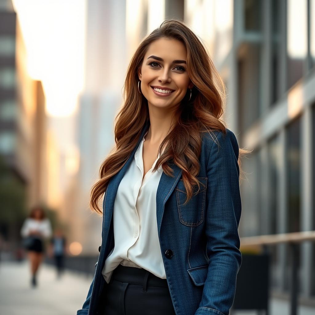 A real-life image of a woman around 25 years old with fair skin, confidently wearing a stylish denim blazer over a white blouse