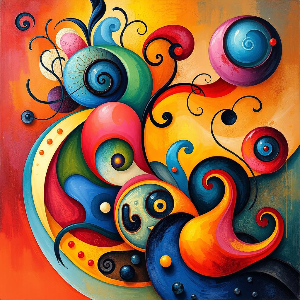 An abstract art piece featuring vibrant colors and dynamic shapes, blending elements of cubism and surrealism, with swirling patterns and intricate details that draw the viewer in