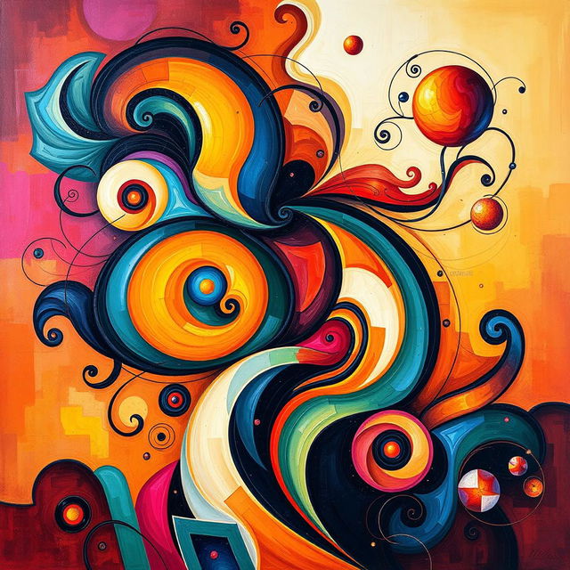 An abstract art piece featuring vibrant colors and dynamic shapes, blending elements of cubism and surrealism, with swirling patterns and intricate details that draw the viewer in