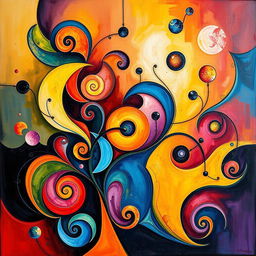 An abstract art piece featuring vibrant colors and dynamic shapes, blending elements of cubism and surrealism, with swirling patterns and intricate details that draw the viewer in