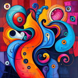 An abstract art piece featuring vibrant colors and dynamic shapes, blending elements of cubism and surrealism, with swirling patterns and intricate details that draw the viewer in
