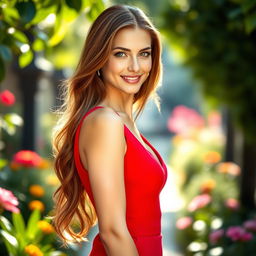 A stunning portrait of a confident woman with long, flowing brunette hair, wearing a stylish red dress that accentuates her figure