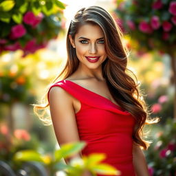 A stunning portrait of a confident woman with long, flowing brunette hair, wearing a stylish red dress that accentuates her figure