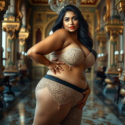 A stunningly beautiful Indian plus-sized woman adorned in a lace pant, featuring a heart-shaped giant booty and proportionate breasts