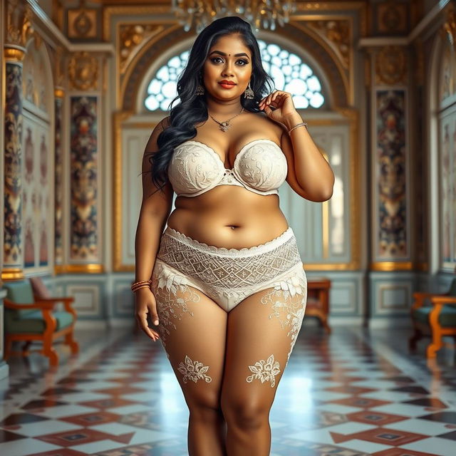 A stunningly beautiful Indian plus-sized woman adorned in a lace pant, featuring a heart-shaped giant booty and proportionate breasts