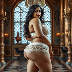 A stunningly beautiful Indian plus-sized woman adorned in a lace pant, featuring a heart-shaped giant booty and proportionate breasts