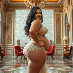 A stunningly beautiful Indian plus-sized woman adorned in a lace pant, featuring a heart-shaped giant booty and proportionate breasts