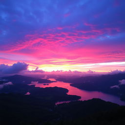 A breathtaking landscape featuring a vibrant sky transformed into shades of deep purple, pink, and orange during sunset, casting a beautiful glow over a serene lake surrounded by lush green hills