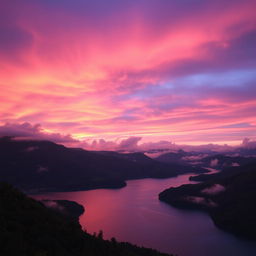 A breathtaking landscape featuring a vibrant sky transformed into shades of deep purple, pink, and orange during sunset, casting a beautiful glow over a serene lake surrounded by lush green hills