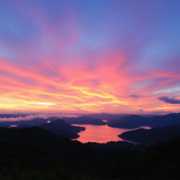 A breathtaking landscape featuring a vibrant sky transformed into shades of deep purple, pink, and orange during sunset, casting a beautiful glow over a serene lake surrounded by lush green hills