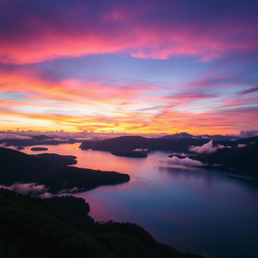 A breathtaking landscape featuring a vibrant sky transformed into shades of deep purple, pink, and orange during sunset, casting a beautiful glow over a serene lake surrounded by lush green hills