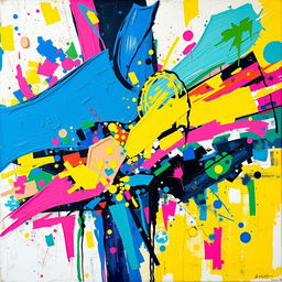 A vibrant and detailed abstract painting that captures the essence of modern art trends, featuring bold colors and dynamic shapes, evoking a sense of motion and energy