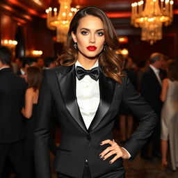 A sophisticated woman dressed in a stylish tuxedo, exuding confidence and elegance