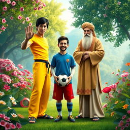 A vibrant and imaginative scene featuring Bruce Lee, Lionel Messi, and Rumi (Jalal al-Din Muhammad Rumi) standing together in a beautiful, lush garden