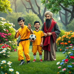 A vibrant and imaginative scene featuring Bruce Lee, Lionel Messi, and Rumi (Jalal al-Din Muhammad Rumi) standing together in a beautiful, lush garden