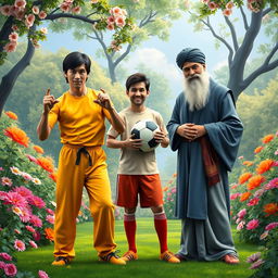 A vibrant and imaginative scene featuring Bruce Lee, Lionel Messi, and Rumi (Jalal al-Din Muhammad Rumi) standing together in a beautiful, lush garden
