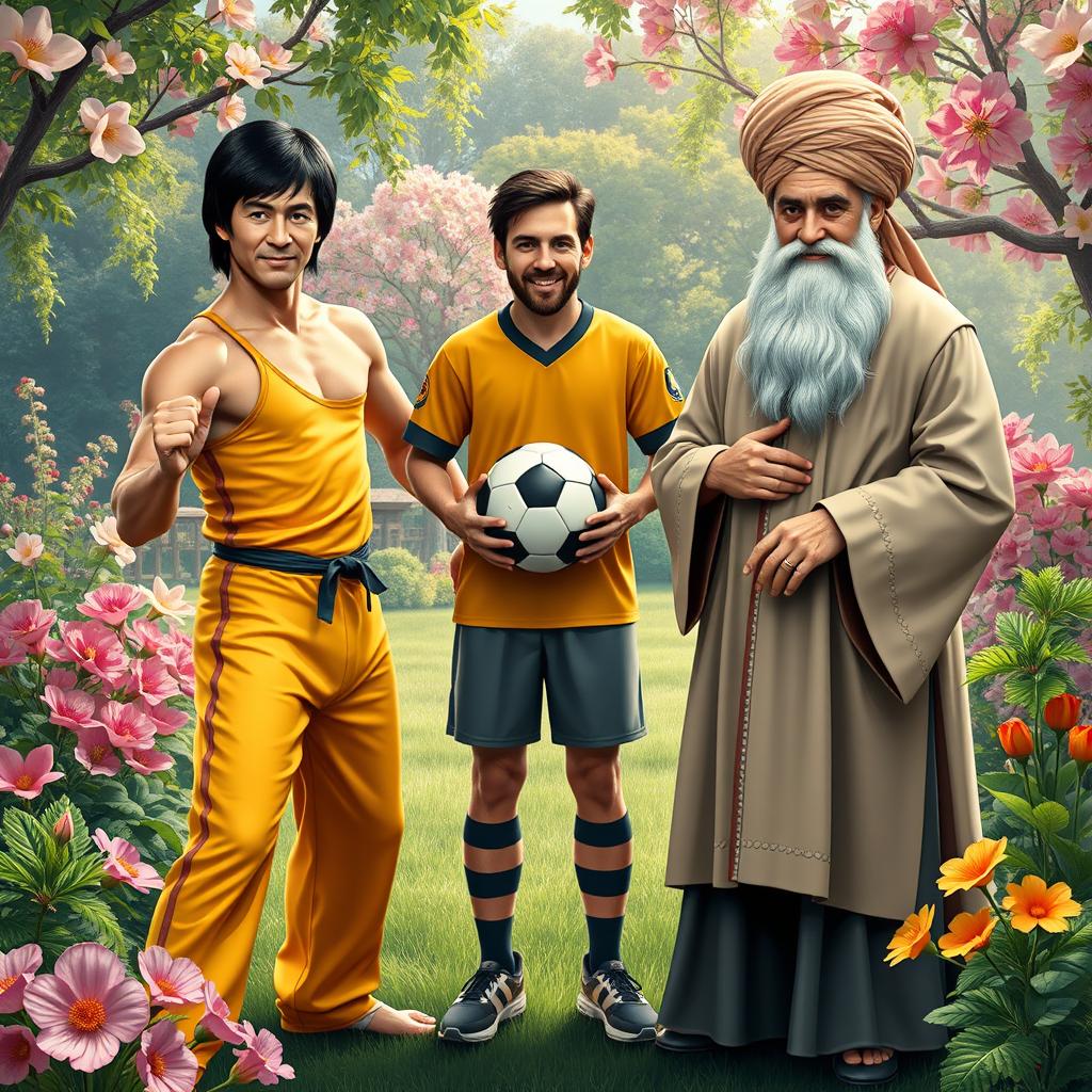 A vibrant and imaginative scene featuring Bruce Lee, Lionel Messi, and Rumi (Jalal al-Din Muhammad Rumi) standing together in a beautiful, lush garden