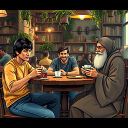 A lively café scene featuring Bruce Lee, Lionel Messi, and Rumi (Jalal al-Din Muhammad Rumi) sitting together at a rustic wooden table