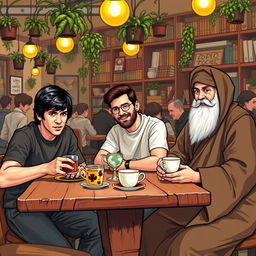 A lively café scene featuring Bruce Lee, Lionel Messi, and Rumi (Jalal al-Din Muhammad Rumi) sitting together at a rustic wooden table