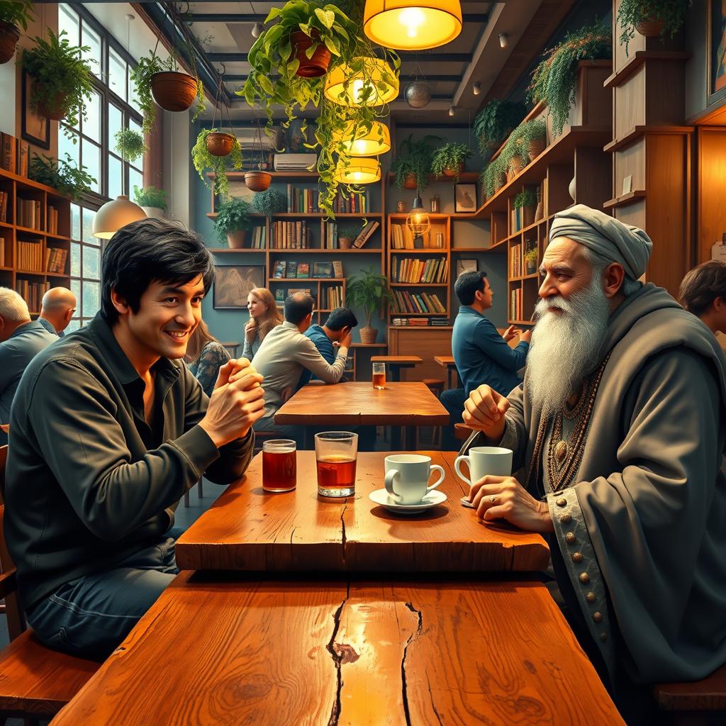 A lively café scene featuring Bruce Lee, Lionel Messi, and Rumi (Jalal al-Din Muhammad Rumi) sitting together at a rustic wooden table