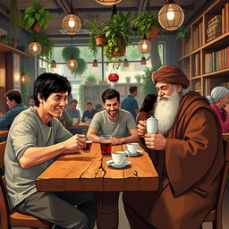 A lively café scene featuring Bruce Lee, Lionel Messi, and Rumi (Jalal al-Din Muhammad Rumi) sitting together at a rustic wooden table