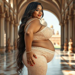 A stunningly beautiful Indian plus-sized woman adorned in a lace pant, featuring a heart-shaped giant booty and proportionate breasts