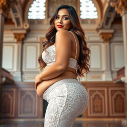 A stunningly beautiful Indian plus-sized woman adorned in a lace pant, featuring a heart-shaped giant booty and proportionate breasts