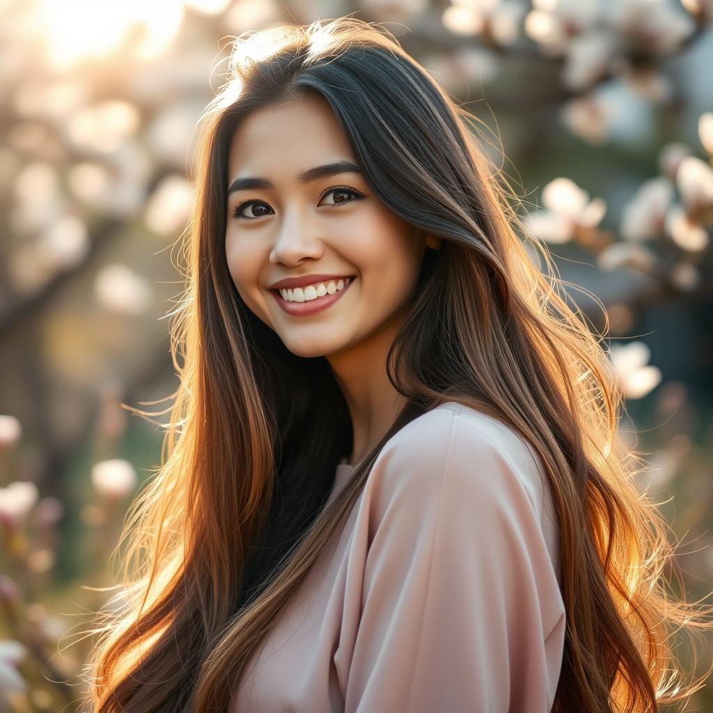 A beautiful profile picture featuring a young woman with long flowing hair, a warm smile, and bright sparkling eyes