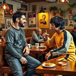 A cozy cafe scene featuring Lionel Messi and Bruce Lee engaged in a friendly conversation