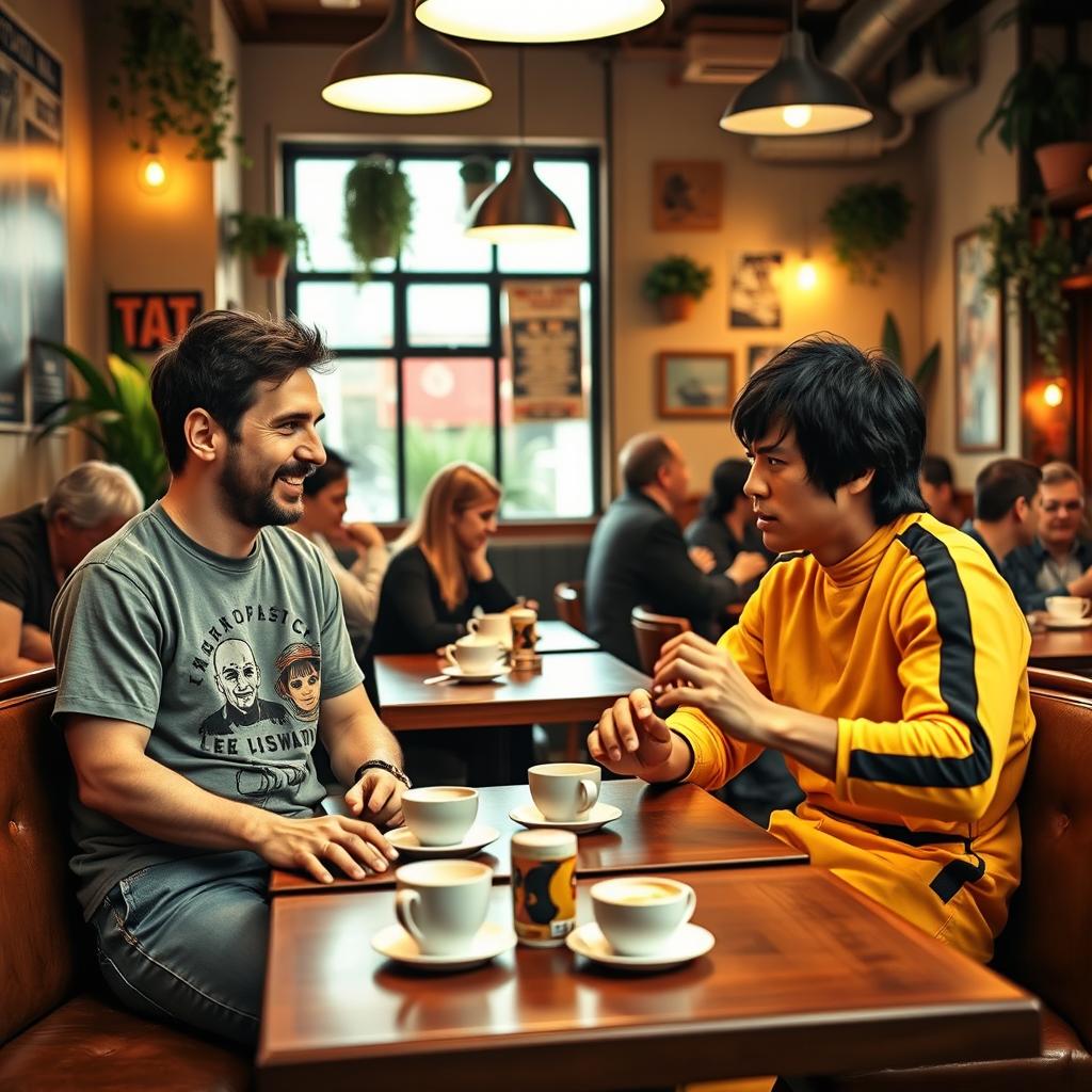 A cozy cafe scene featuring Lionel Messi and Bruce Lee engaged in a friendly conversation