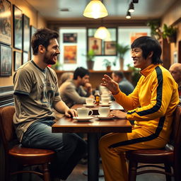 A cozy cafe scene featuring Lionel Messi and Bruce Lee engaged in a friendly conversation