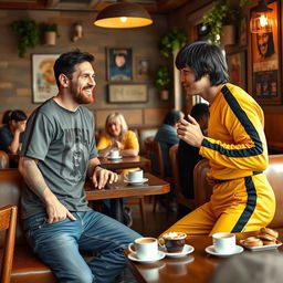 A cozy cafe scene featuring Lionel Messi and Bruce Lee engaged in a friendly conversation