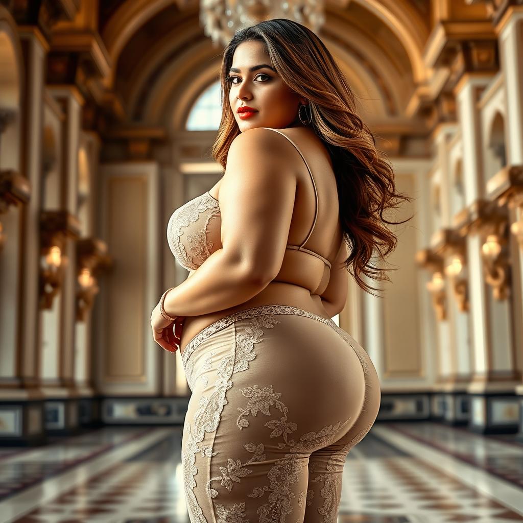 A stunningly beautiful Indian plus-sized woman, not fat, adorned in a sheer lace pant, showcasing a heart-shaped giant booty and proportionate breasts