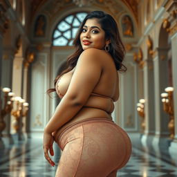 A stunningly beautiful Indian plus-sized woman, not fat, adorned in a sheer lace pant, showcasing a heart-shaped giant booty and proportionate breasts