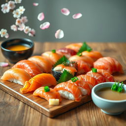 A beautiful arrangement of traditional Japanese food displayed elegantly on a wooden table