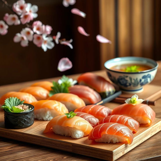 A beautiful arrangement of traditional Japanese food displayed elegantly on a wooden table