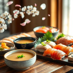 A beautiful arrangement of traditional Japanese food displayed elegantly on a wooden table