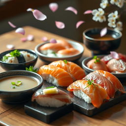 A beautiful arrangement of traditional Japanese food displayed elegantly on a wooden table