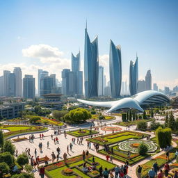 A futuristic view of Iran, showcasing a vibrant cityscape with advanced architecture, lush green spaces, and innovative technology