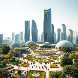 A futuristic view of Iran, showcasing a vibrant cityscape with advanced architecture, lush green spaces, and innovative technology