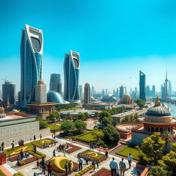 A futuristic view of Iran, showcasing a vibrant cityscape with advanced architecture, lush green spaces, and innovative technology