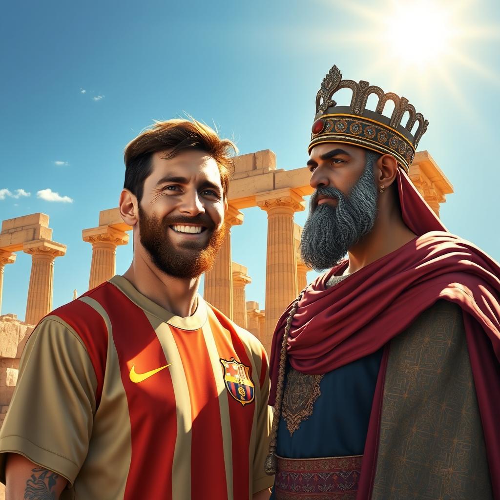 A stunning artistic representation of Lionel Messi meeting Cyrus the Great at Persepolis (Takhte Jamshid)